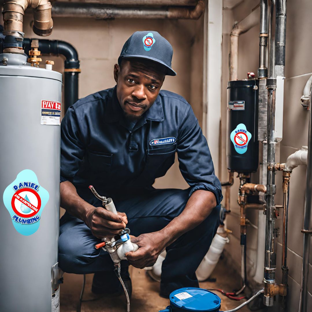 Plumber performing water heater maintenance